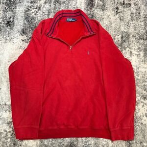 Polo Ralph Lauren Mens XXL Red Quarter Zip Sweatshirt Striped Collar Blue Pony